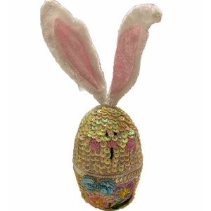 Vintage Easter Bunny Rabbit Egg Shape Trinket Box Handmade Sequins Satin Beaded